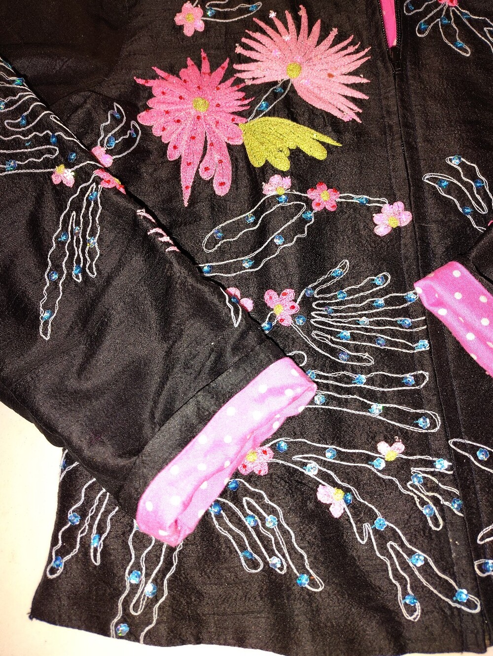 ANAGE 100% Silk Embroidered Floral Zip Jacket - Small - Black/Pink Boho Luxe - Picture 10 of 13